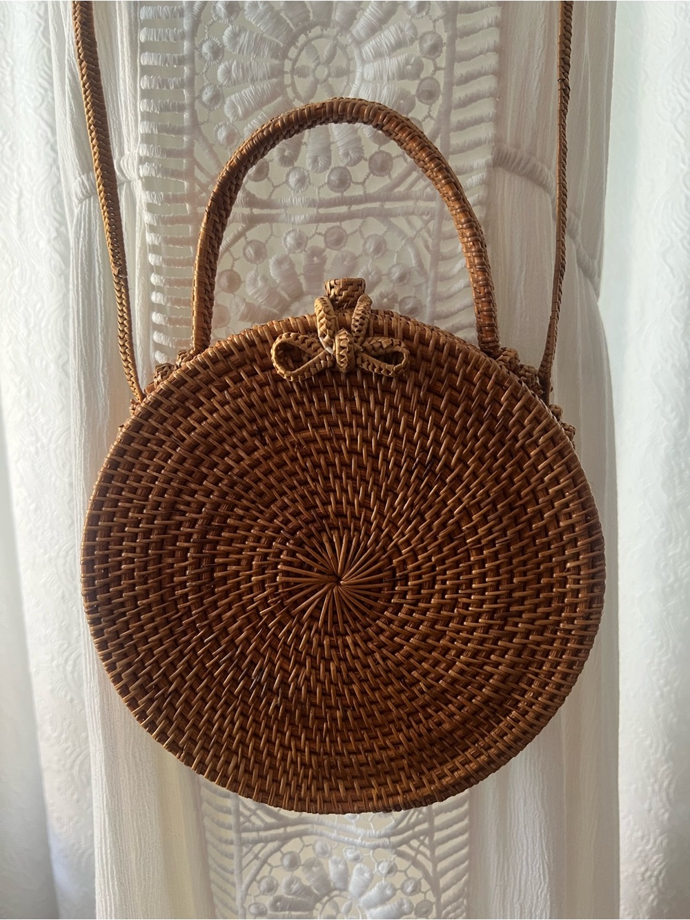 Handwoven Bali Ata Round Rattan Crossbody Purse Boho Wicker Bag Batik Lined
